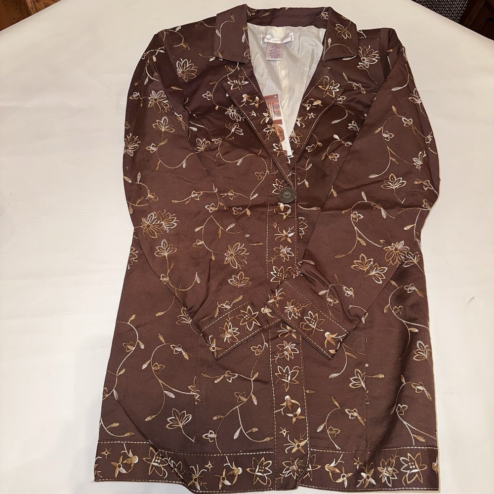Susan Graver Embroidered Cotton Blazer Jacket Sz S Flower Pattern Brown